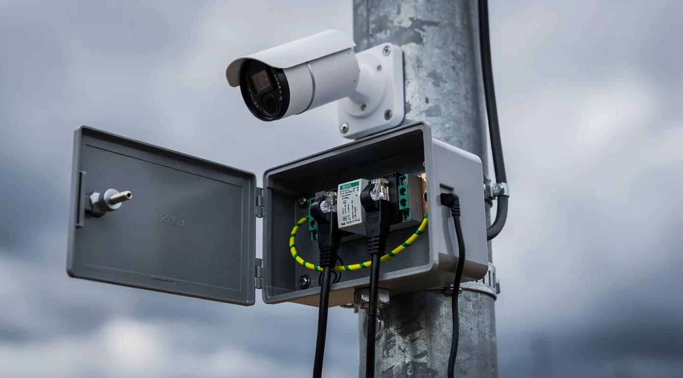 Ochrona przeciwprzepięciowa monitoringu: ograniczniki LAN/PoE, 12 V, uziemienie