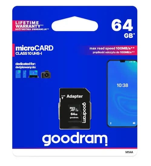 KARTA PAMIĘCI GOODRAM 64GB SZYBKI INTERFEJS CLASS 10 MICRO SD XC KLASA 10 + ADAPTER